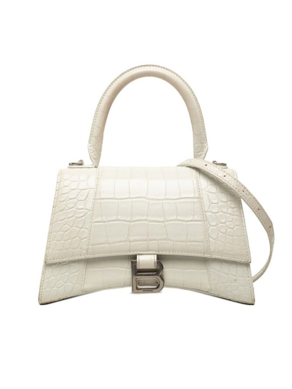Balenciaga Hourglass Small 2-Way Shoulder Bag Embossed White Leather